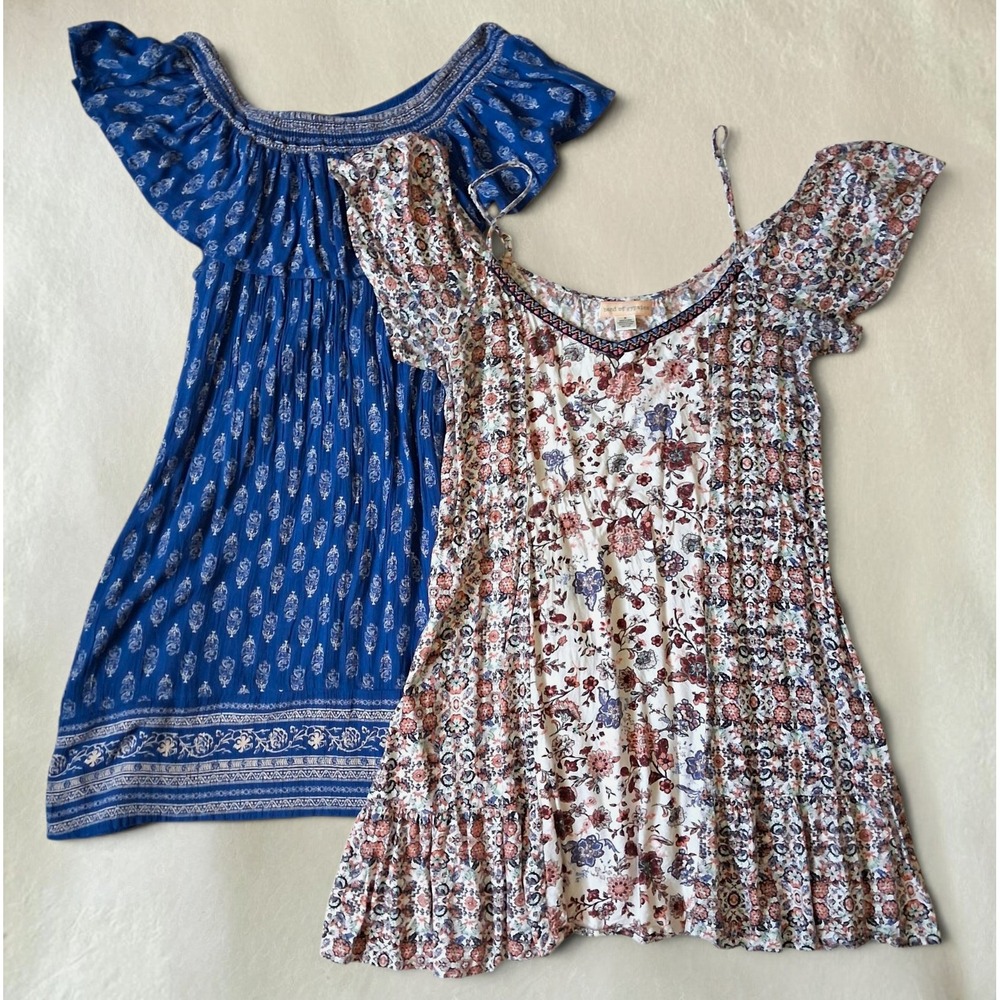 Lot of 2 Band of Gypsies Boho Mini Dresses Size M Royal Blue Floral Off Shoulder